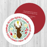 Fun Red Script Santa Reindeer Name Christmas Holiday Card<br><div class="desc">Fun Red Script Santa Reindeer Name Christmas Holiday Card. How many reindeer does Santa have and what are their names? Send holiday warm wishes and greetings to your loved ones with this cute and fun circle shape Holiday Card featuring all the Santa's magical flying reindeer with colourful Christmas ornament decorations...</div>
