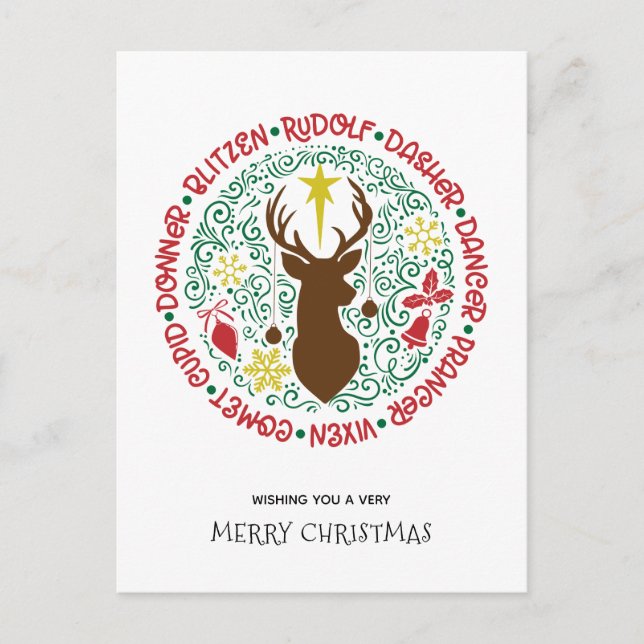 Fun Red Script Santa Reindeer Name Christmas Holiday Postcard (Front)
