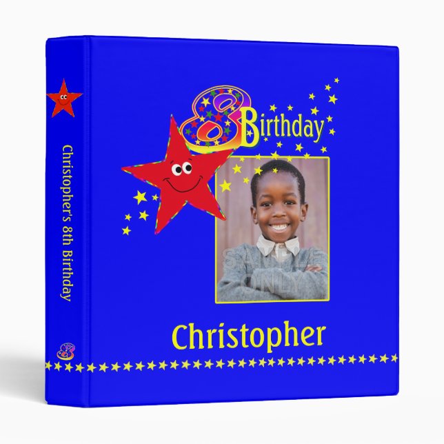 Fun Red Star 8th Birthday Party 1 inch Binder (Front/Spine)