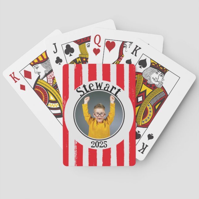 Fun Red Striped Family Photo Name Year  Playing Cards (Back)