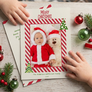 Fun Red Striped Framed Photo Baby 1st Christmas Holiday Card