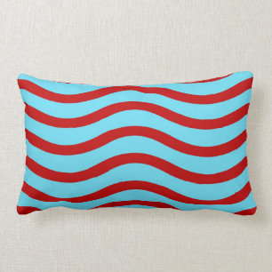 Fun Red Teal Turquoise Wavy Lines Stripes Pattern Lumbar Pillow