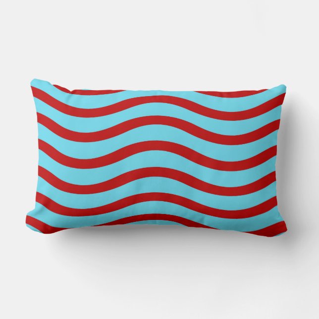 Fun Red Teal Turquoise Wavy Lines Stripes Pattern Lumbar Pillow (Front)