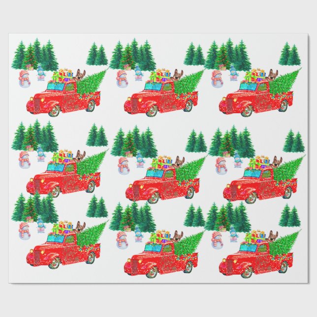 Fun Red Truck Snowmen, Dog Christmas  Wrapping Paper (Flat)