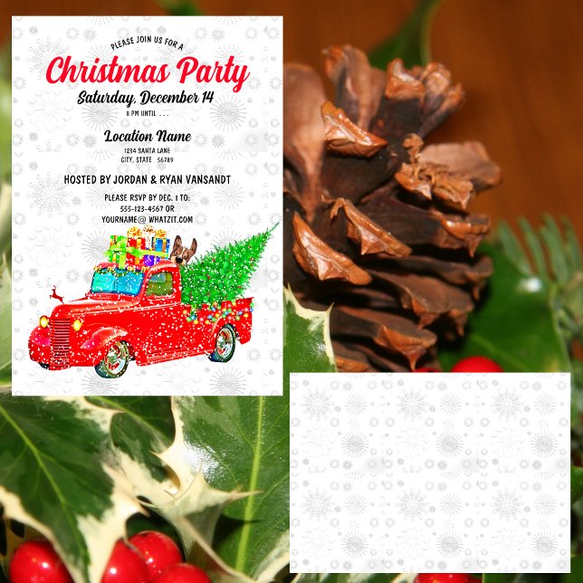 Fun Red Truck White Snow Tree Lights Xmas Party Invitation (Creator Uploaded)