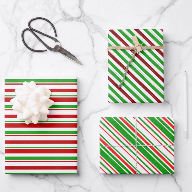 Fun Red, White, Green Christmas-Inspired Lines Wrapping Paper Sheet (Front)