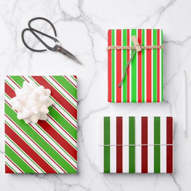 Fun Red, White, Green Christmas Inspired Stripes Wrapping Paper Sheet (Front)