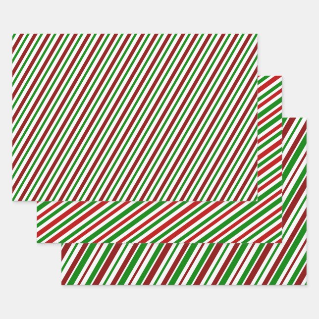 Fun Red, White, Green Christmas-Themed Striped Wrapping Paper Sheet (Set)