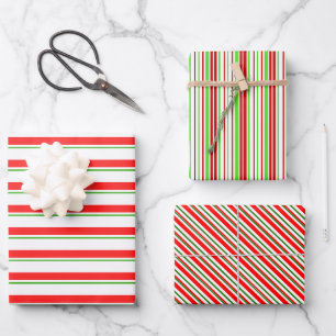 Fun Red, White, Green Christmas Themed Stripes Wrapping Paper Sheet