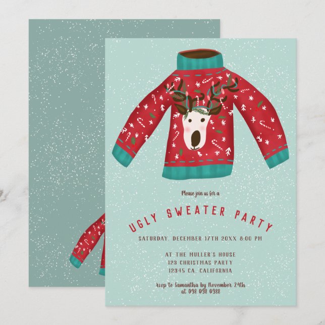 Fun reindeer ugly sweater Christmas illustration Invitation (Front/Back)