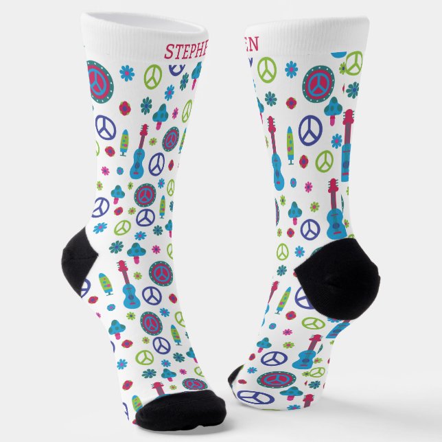 Fun Retro 70's Peace Love & Music Colourful Custom Socks (Angled)