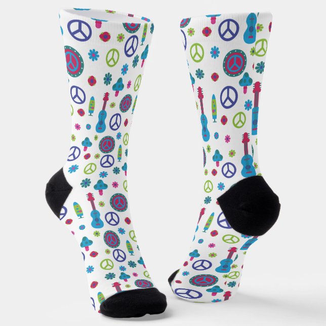 Fun Retro 70's Peace Love & Music Colourful Socks (Angled)