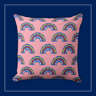 Fun Retro 80s Primary Colour Rainbows on Cute Pink Throw Pillow