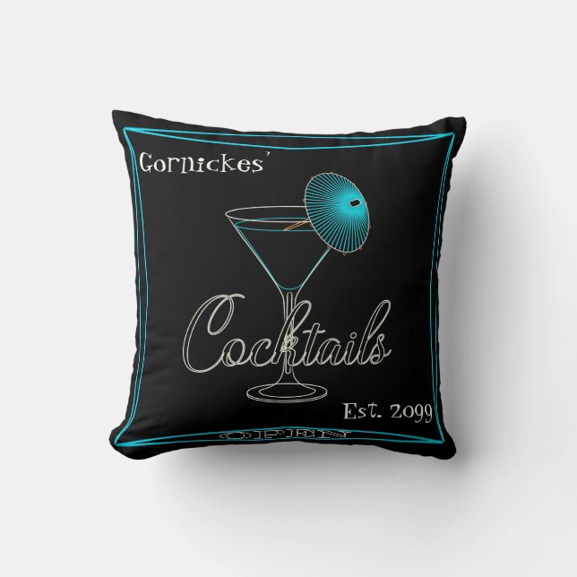 Fun Retro Aqua Cocktail Bar Pub Throw Pillow (Front)