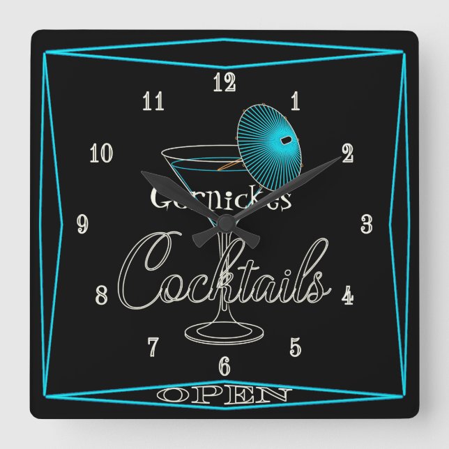 Fun Retro Aqua Cocktail Bar Pub Wall Clock (Front)