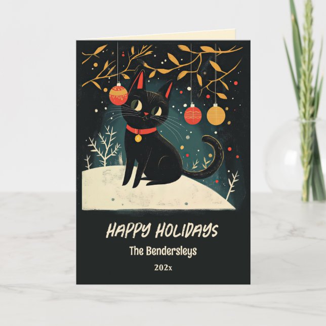 Fun Retro Black Cat Holiday Card (Front)