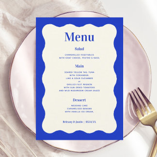 Fun Retro Blue Modern Wavy Mariage Cartes de menu