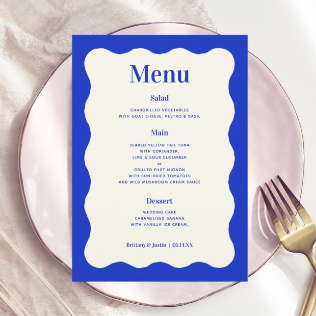 Fun Retro Blue Modern Wavy Mariage Cartes de menu (Créateur téléchargé)