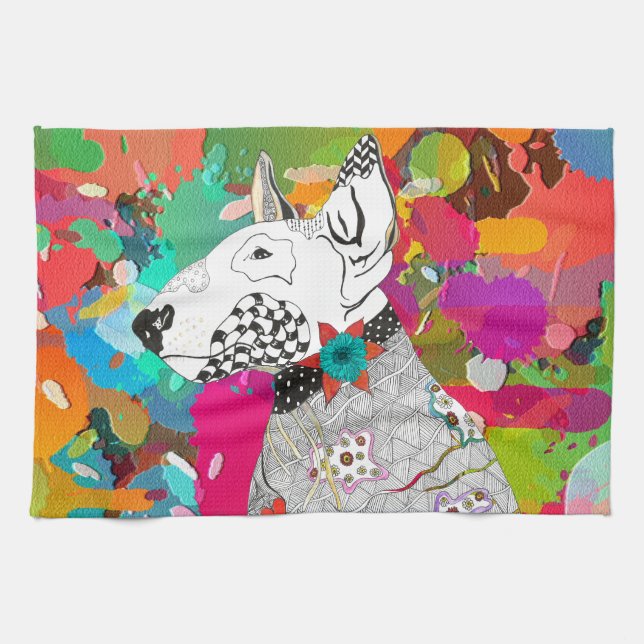 Fun Retro Bull Terrier Dog Kitchen Towel (Horizontal)