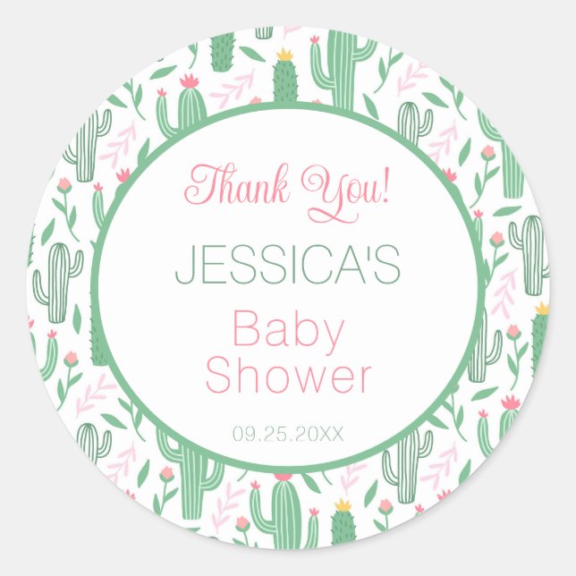 Fun Retro Cactus Succulent Floral Baby Shower     Classic Round Sticker (Front)