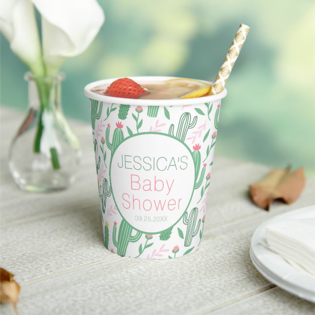 Fun Retro Cactus Succulent Floral Baby Shower Paper Cups (Insitu)