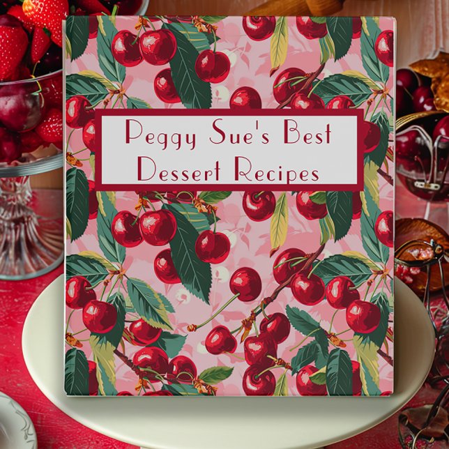 Fun Retro Cherry-Pink Customizable Recipe Binder (Vintage 1950s style Recipe Binder)