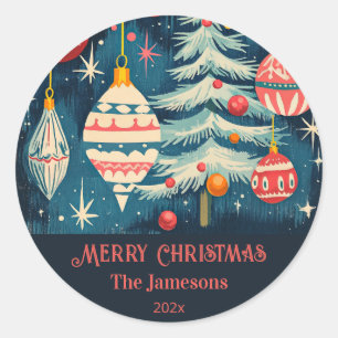 Fun Retro Christmas Trees Ornaments Classic Round Sticker