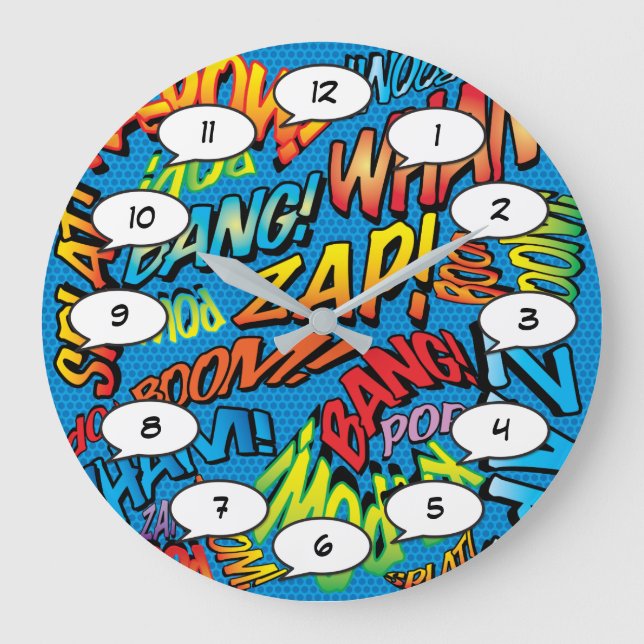Fun Retro Comic Book Pop Art Sounds Large Clock (Front)