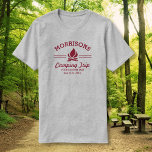Fun Retro Custom Camping Trip Campfire Red Logo T-Shirt<br><div class="desc">Camp in style with this custom shirt featuring a red campfire logo and your name. Personalize further with 3 lines of custom text - add "Family Reunion, Family Trip, Camping Trip, location, date, etc. Perfect family reunions, camping or hiking trips, a weekend at the lake or a backyard bonfire. Check...</div>