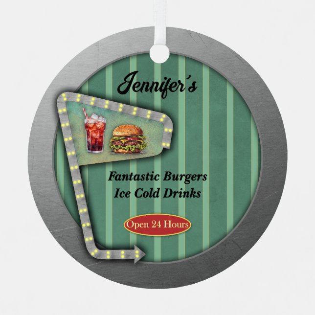 Fun Retro Diner LED Sign Metal Ornament (Front)