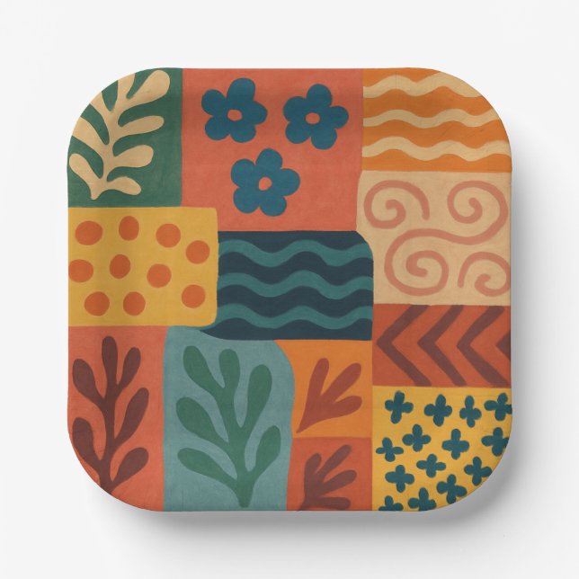 Fun Retro Garden Collage Pattern Motif Paper Plate (Front)