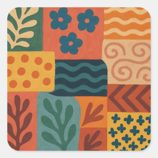 Fun Retro Garden Collage Pattern Motif Square Sticker (Front)
