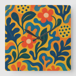 Fun Retro Garden Collage Pattern Motif Square Wall Clock