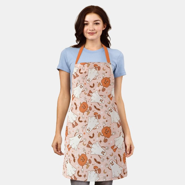 Fun Retro Ghost & Jack-O-Lantern Pattern Apron (Worn)