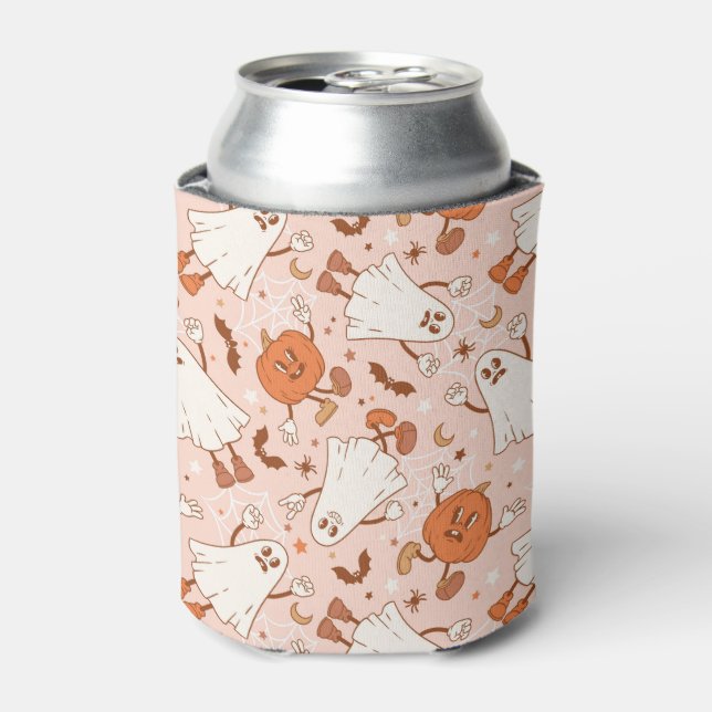 Fun Retro Ghost & Jack-O-Lantern Pattern Can Cooler (Can Front)