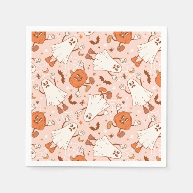 Fun Retro Ghost & Jack-O-Lantern Pattern Napkin (Front)