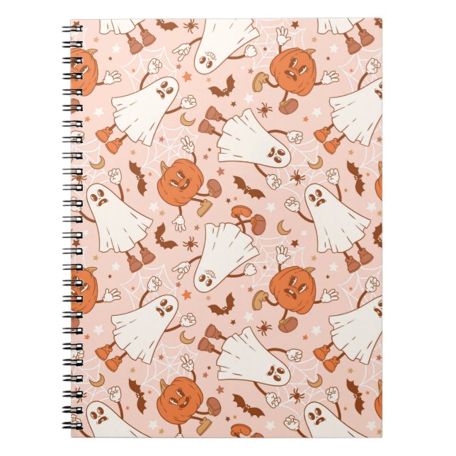 Fun Retro Ghost & Jack-O-Lantern Pattern Notebook (Front)