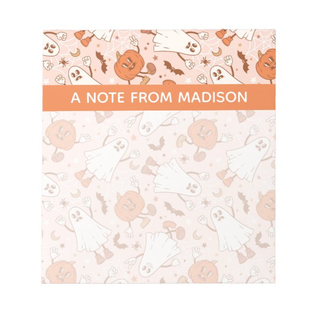 Fun Retro Ghost & Jack-O-Lantern Pattern Notepad (Front)