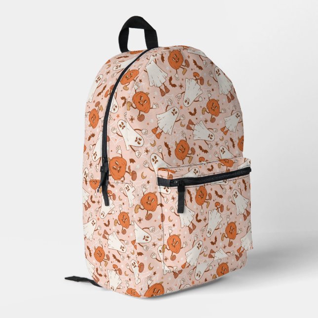 Fun Retro Ghost & Jack-O-Lantern Pattern Printed Backpack (Back Corner Left)