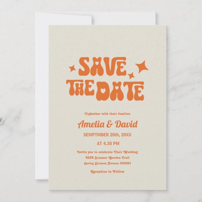 fun retro modern groovy orange wedding invitation (Front)