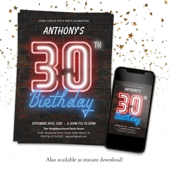 Fun Retro Neon 30th Birthday Invitation (Fun Neon Sign 30th Birthday 80s Retro Custom Invitation)