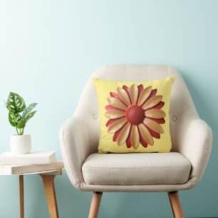 Fun Retro Orange Daisy Flower on Butter Yellow 60s Throw Pillow