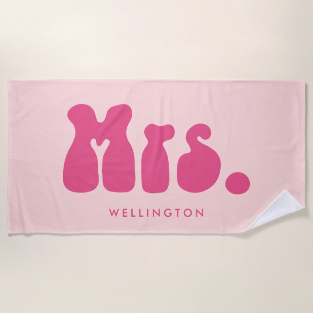 Fun Retro Pink Mrs. Newlywed Bride Beach Towel (Front)