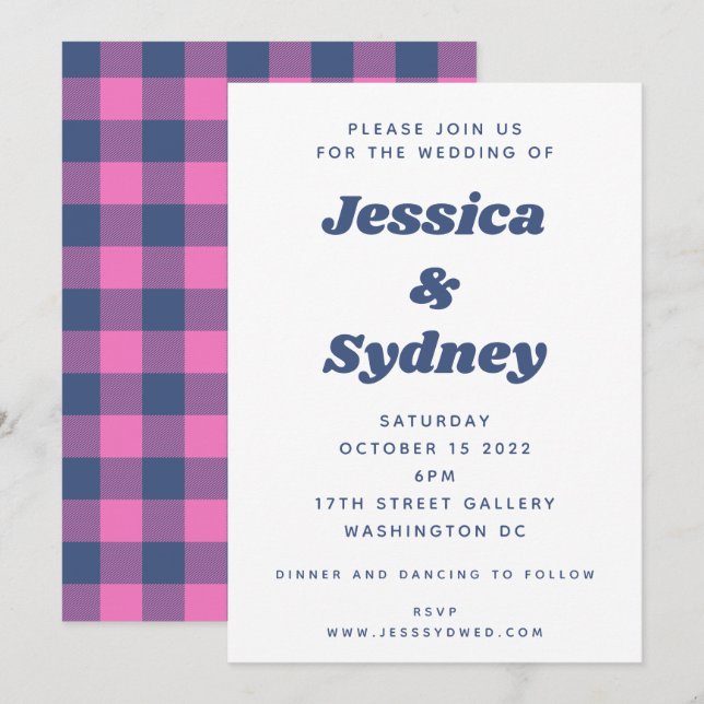 Fun Retro Plaid Chequered Purple and Blue Wedding Invitation (Front/Back)