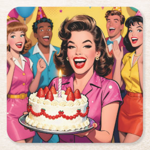 Fun Retro Pop Art Comic Mid-Century Birthday Square Paper Coaster