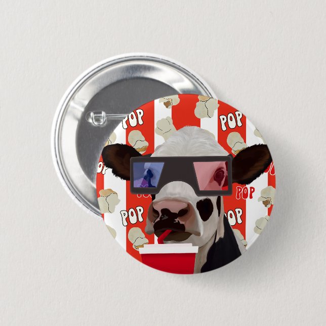 Fun Retro Popcorn Whimsical Cow - Red Stripes 2 Inch Round Button (Front & Back)