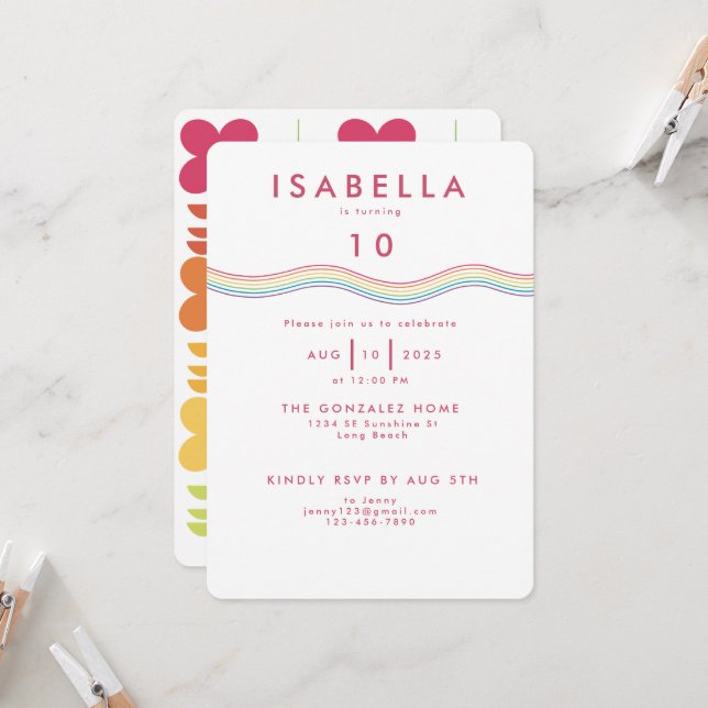 Fun Retro Rainbow Flowers Birthday Invitation (Front/Back In Situ)