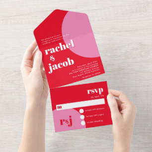 Fun Retro Red & Pink Valentine's Day Wedding All In One Invitation