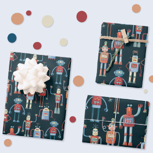 Fun Retro Robot Cute Dark Wrapping Paper Sheet