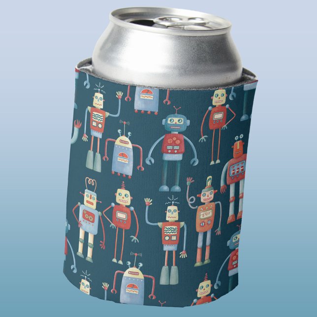 Fun Retro Robot Pattern Can Cooler (Retro robot pattern fun can cooler)